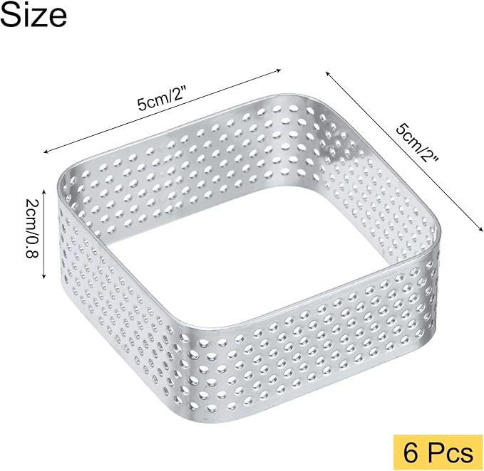 uxcell 6pcs Square Perforated Cake Rings 2 x 2 Inch Stainless Steel Cake Pastry Mousse Ring Molds for DIY Cake Dessert Mousse Pastries Baking, Silver Tone