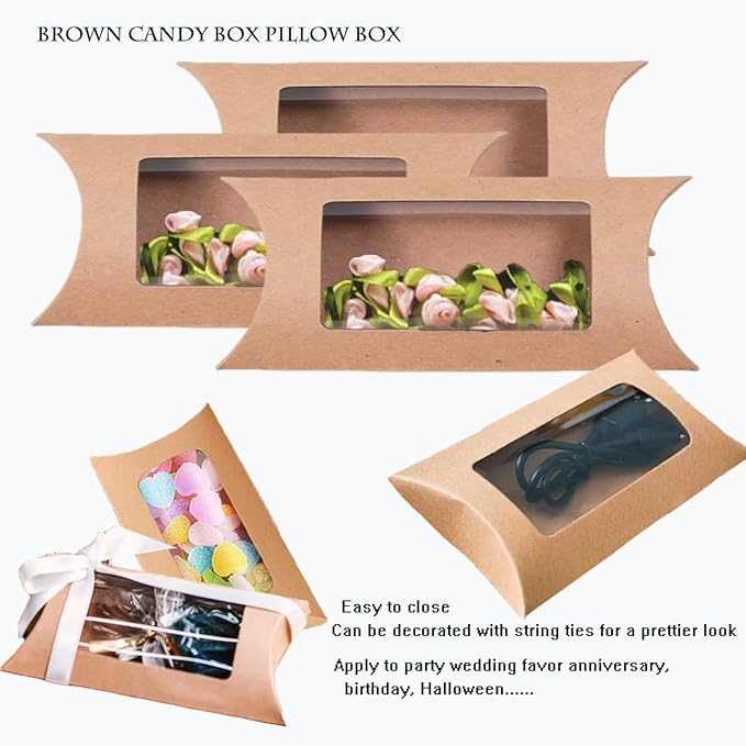 50 Pcs Pillow Gift Boxes with Windows,Kraft Paper Mini Pillow Packaging Box, Creative Favor Box Folding Treat Boxes with Clear Window for Bakery Candy Chocolate Jewelry Display Wedding Party Favor (kraft 50Pcs)