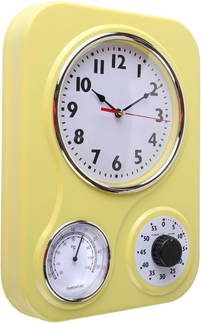 Lily's Home - 9 Inch x 12.5 Inch - Retro Kitchen Wall Clock, Vintage Wall Clock with a Thermometer and 60-Minute Timer, Ideal for Any Kitchen, Office, or Diner (Yellow)