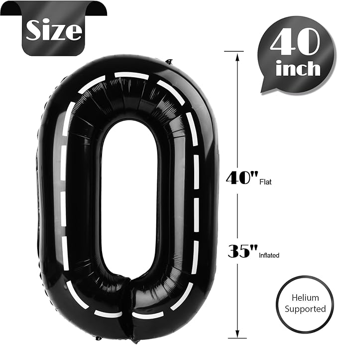 Race Car Number Balloon 40 inch, Black 0 Number Balloons, 10 20 30 40 50 Numbers Balloon Black Race Car Birthday Party Decorations for Boy Men