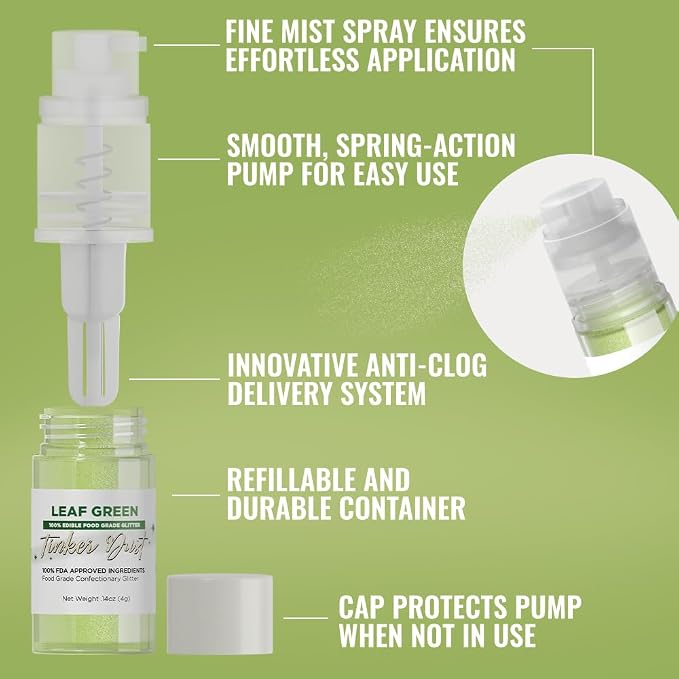 Bakell - Leaf Green Tinker Dust (4g, 1x Mini Spray Pump) Edible Glitter for Food, Desserts, and Baked goods!
