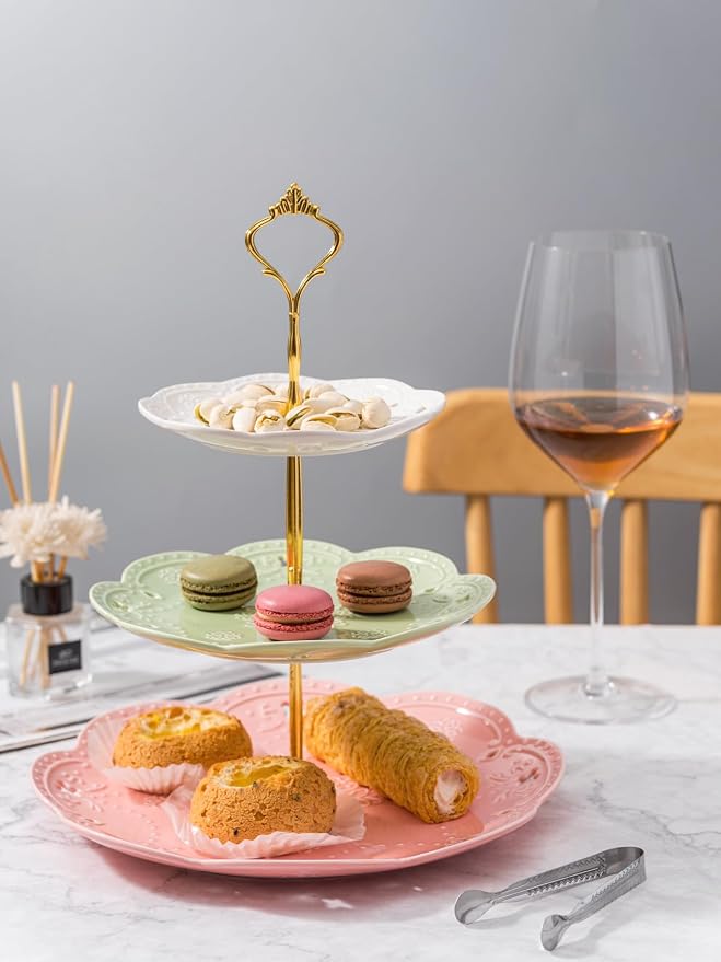 Jusalpha 3-Tier Multi Color Ceramic Serving Stand,Cake Stand-Dessert Stand-Cupcake Stand-Tea Party Serving Platter (3 Color-Gold)