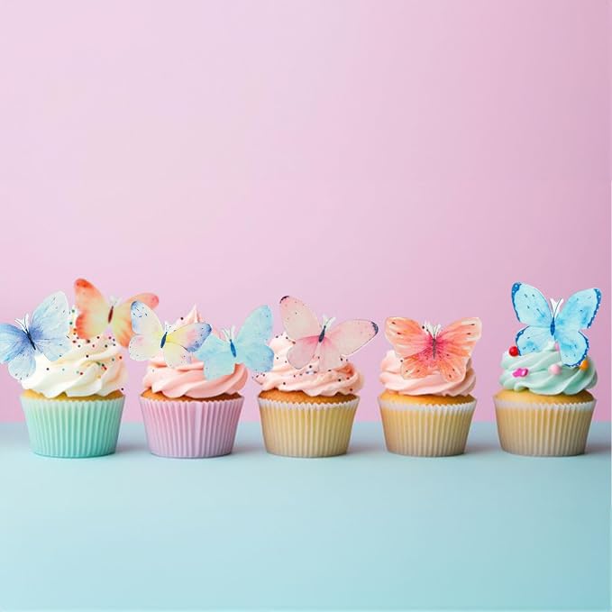 Gyufise 56Pcs Butterfly Edible Cupcake Toppers Cake Decoration Edible Butterfly Cake Decorations for Baby Shower Kids Birthday Party Cake Supplies Multi