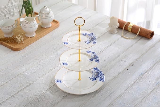 Porlien Gold Trimmed Blue Floral 3 Tier Cake Stand, Dessert Stand, Cupcake Stand