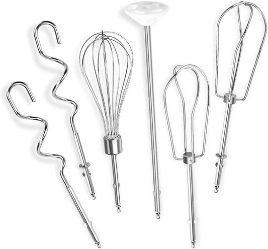 Hand Mixer Beaters Fits for Cuisinart Stainless Steel Left and Right Turbo Style Beaters,Wire Egg Whisk,Liquid Blending Rod,Dough Hooks-CHM Series Hand Mixer CHM-3 CHM-7PK HM-50 HM-70,Set of 6