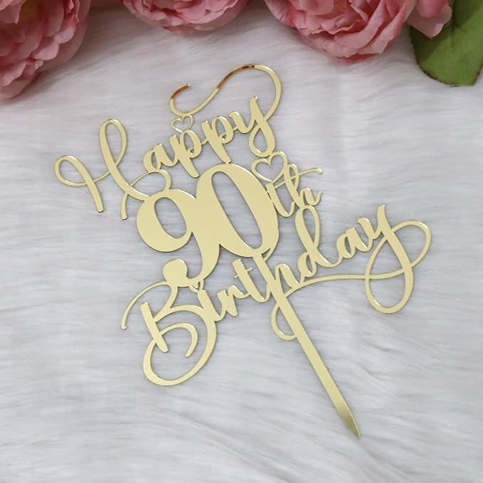 Happy 90th Birthday Cake Topper，Mirrored Gold Acrylic Birthday Topper for Cheers to 90 Years Birthday/Anniversary Party Decoration Ideas, Perfect Keepsake for your family and friends(90th)