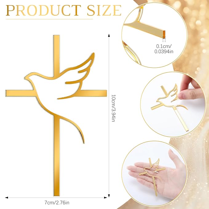 Blulu 16 Pieces Baptism Cake Toppers Crossing Cupcake Toppers Gold Mirror Acrylic Cake Picks Baptism Decor Christian Decorations (Peace Dove)