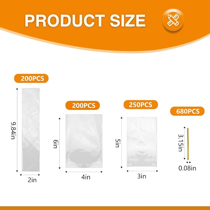 650 PCS Clear Flat Cellophane Treat Bags, 3x5",4x6",9.84x2" Cellophane Bags with Ties, Clear Gift Bags for Party Favors, Pretzel Rods, Bakery, Cookies, Candies, Dessert