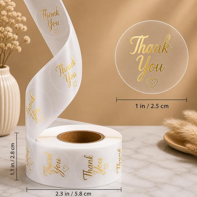 1000 Clear Thank You Stickers Roll, 1 Inch Round Gold Thank You Labels, Bulk Thank You Stickers for Small Business Packaging, Boxes, Bags, Envelopes, Baked Goods & Party Favors, 2 Rolls of 500