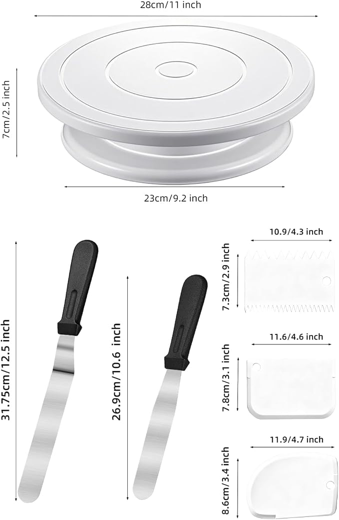 Cake Decorating Kit Baking Supplies Cake Turntable with 2 Frosting Straight Angled Spatula 3 Icing Smoother Scrapers Baking Accessories Tools for Beginners and Pros, White