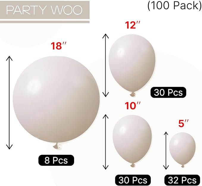 PartyWoo White Sand Balloons 100 pcs Different Sizes Pack of 18 12 10 5 Inch Off White Beige Cream Ivory Balloon Arch Kit Garland for Wedding Bridal Baby Shower Birthday Party Decorations White-F12