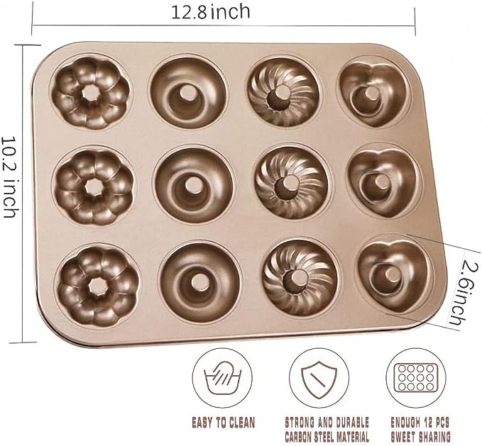 Ulalaza Donut Pan Molds Non-Stick 12-Cavity Carbon Steel Donut Mold for Baking BPA Free Mold Sheet Tray Oven Microwave Dishwasher Freezer Safe Easy Clean