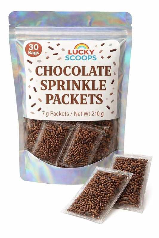 Lucky Scoops Chocolate Sprinkles Packets – 30 Individually Wrapped 7 g Packs in Resealable Pouch – Dairy-Free, Gluten-Free, Vegetarian, Soy & Nut-Free Chocolate Jimmies for Dessert Toppings for Ice Cream Sundae, Baking & Parties (Chocolate)