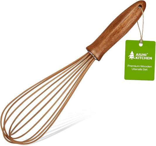 AIUHI Silicone Whisk with Wood Handle, 11.2" Balloon Egg Beater, Lightweight Kitchen Whisk for Blending Batter, Cream & Sauces