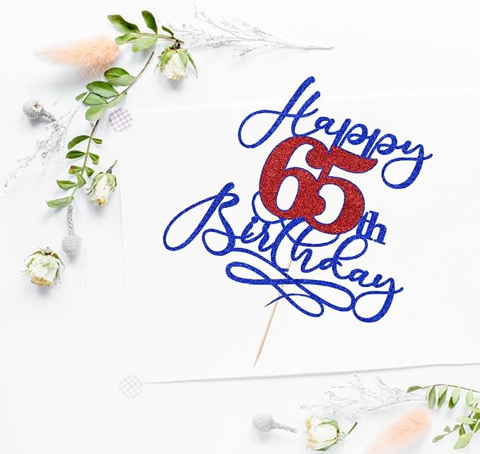 Happy 65th Birthday Cake Topper,Black font Golden Numbers 65th Birthday Cake Decoration，Hello 65, Cheers to 65 Years/65th Anniversary,65& Fabulous Party Decoration