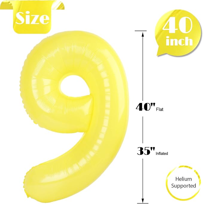 Yellow Number 9 Balloon 40 Inch, 9th Birthday Party Decorations for Children, Giant 9 Foil Balloon for Party Supplies