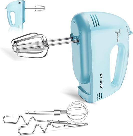 WADODO 7-Speed Electric Hand Mixer – Portable Food Mixer Kitchen Mixer with 304 *(1x Whisk, 2x Beater, 2x Dough hook) for Baking Cakes, Cream, Cookies, BLUE