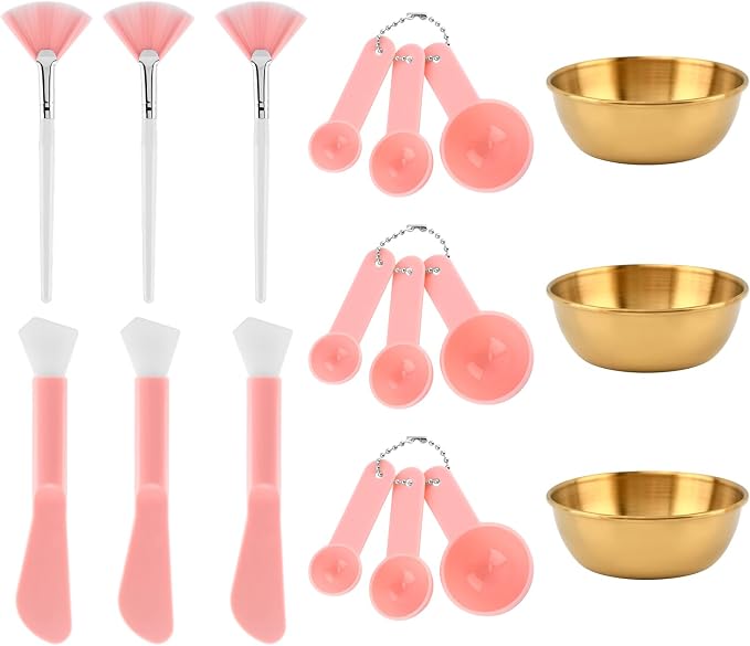 12Pcs Esthetician Facial Supplies Tools Set, 3 Gold Facial Bowls,Fan-Shaped Brushes,Scraper, Plastic Measuring Spoon, DIY Face Mask Mixing Tool Kit (Color:Gold.Pink)