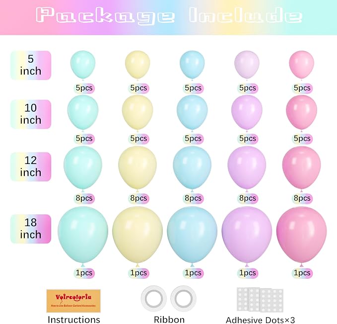 Voircoloria 95pack Pastel Balloons Different Size 18/12/10/5 Inch Pastel Balloon Garland Arch Kit for Graduation, Wedding, Birthday, Princess Theme, Easter, Baby Shower, Anniversary Party Decorations