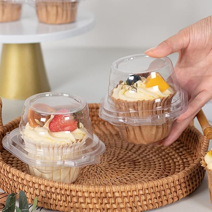 i-CHONY Individual Cupcake Container,100 pcs Cupcake Holder with Dome Lid,Disposable Clear Single Cupcake Holders Cases Boxes for Muffin,Cookies,Desserts,Hot Cocoa Bombs,Mini Bundt Cakes