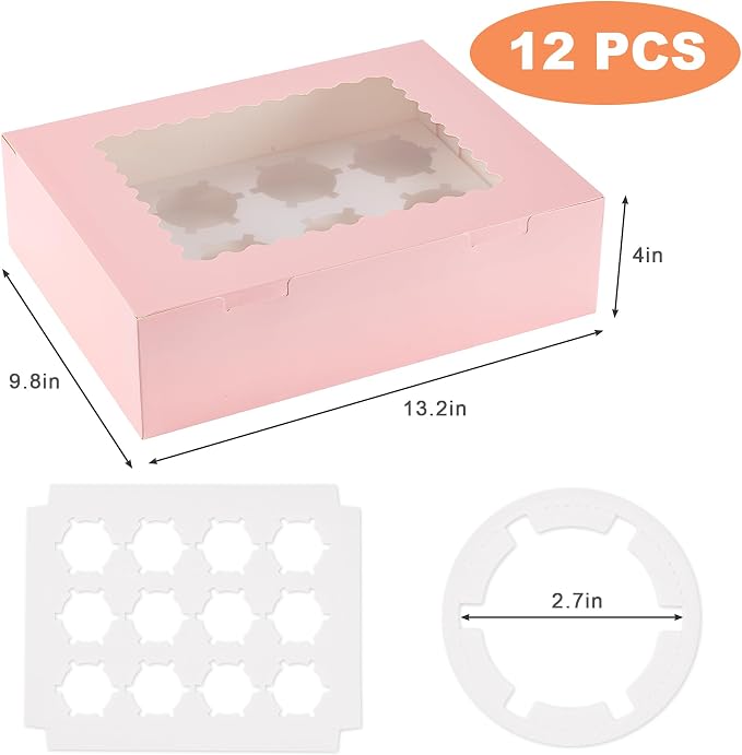 Hoewina 12PCS Cupcake Boxes - Hold 12 Count Cupcake Containers with Window, Food Grade Cupcake Holder Easy Transport and Presentation - Ideal for Cupcakes, Desserts, and More (Pink)