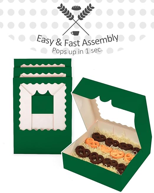 qiqee Green Pastry Box With Window 8x8x2.5 inch Donut Pie Boxes 30pcs Bakery Box Auto-pop up