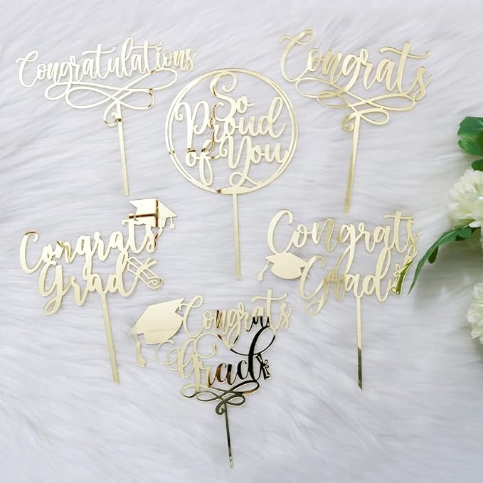 PALASASA Congrats Grad Cake Topper-Class of 2026 Graduate Party-2026 High School/College/Senior Graduation Party 6 kinds Design Graduation Acrylic Cake Decorations (6 Pcs, Gold)