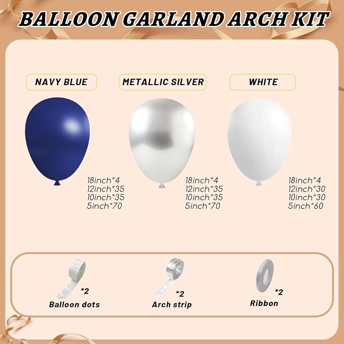 412Pcs Navy Blue and Silver Balloons Arch Garland Kit,5 10 12 18 inch Navy Blue White Silver Balloons for Birthday Wedding Graduation Anniversary Decorations