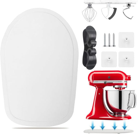 Sliding Mat for Kitchen aid 4.5-5 Qt Stand Mixer with 1Pc Cord Organizer and 3Pcs Attachment Holder for Kitchen Appliance Slider (4.5-5 Qt Bamboo and Attachment, White)