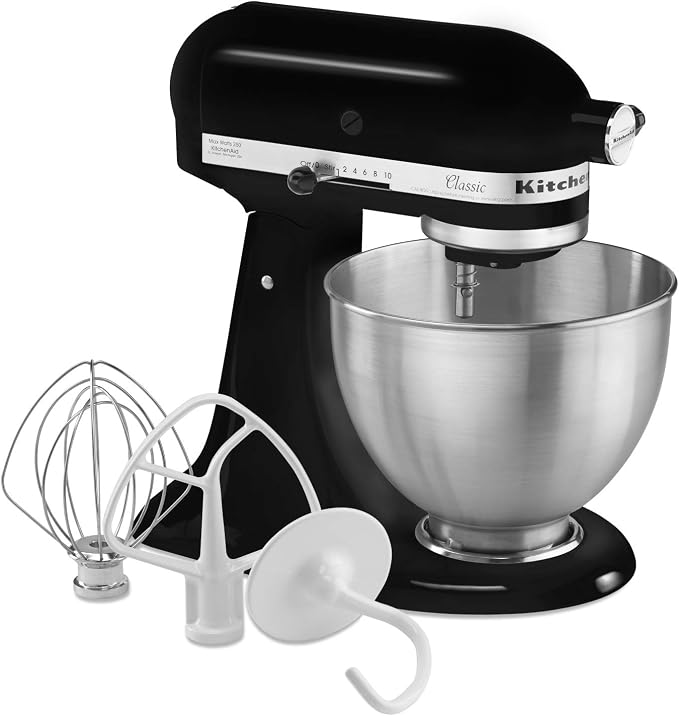 KitchenAid Classic Series 4.5 Quart Tilt-Head Stand Mixer K45SS, Onyx Black & K45B Coated Flat Beater, White, 4.5 Qt