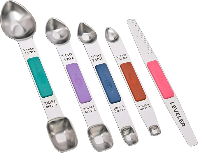 Heavy Duty Stainless Steel Measuring Spoons,Unique Dual-Head Tablespoon and Teaspoon with Bonus Leveler,Engraved Markings,Nonslip Silicone Grip,Great Baking Gift Set(colourful)(set of 5)