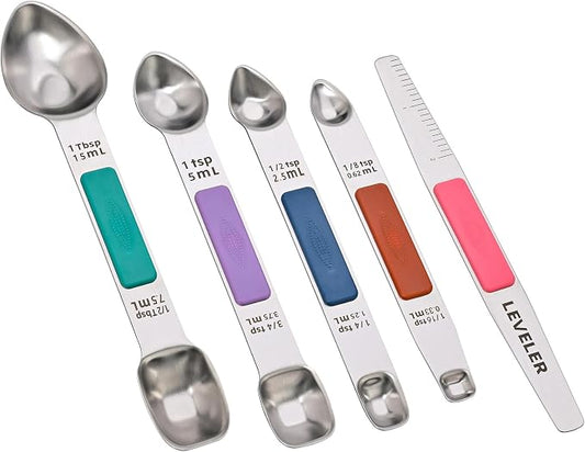 Heavy Duty Stainless Steel Measuring Spoons,Unique Dual-Head Tablespoon and Teaspoon with Bonus Leveler,Engraved Markings,Nonslip Silicone Grip,Great Baking Gift Set(colourful)(set of 5)