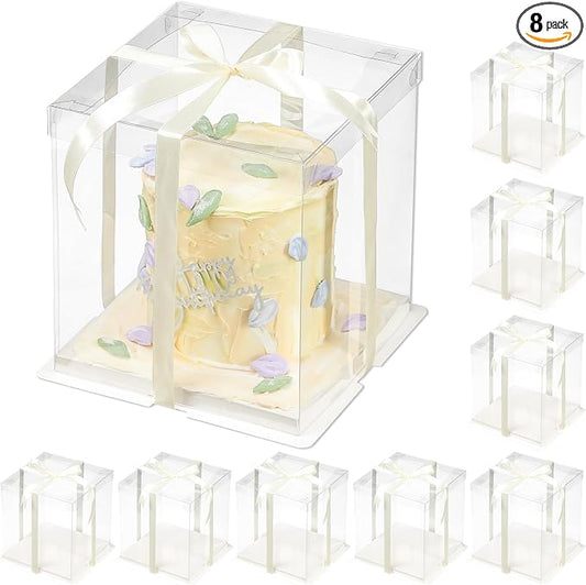 8 Pcs Clear Gift Box with Ribbon 3-Layer 10x10x12 Inch, Transparent Cake Carrier Box with Lids, PET Tall Cake Packaging Boxes, Clear Gift Boxes for Birthday,Wedding and Festival Party