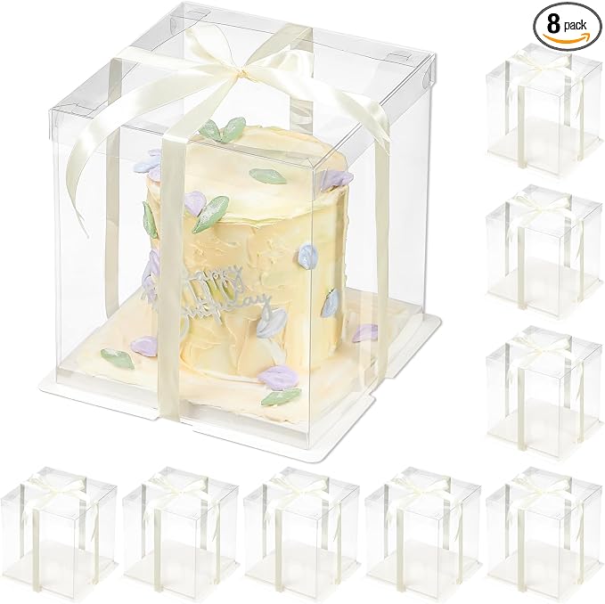 8 Pcs Clear Gift Box with Ribbon 2-Layer 8.5x8.5x9 Inch, Transparent Cake Carrier Box with Lids, PET Tall Cake Packaging Boxes, Clear Gift Boxes for Birthday,Wedding and Festival Party