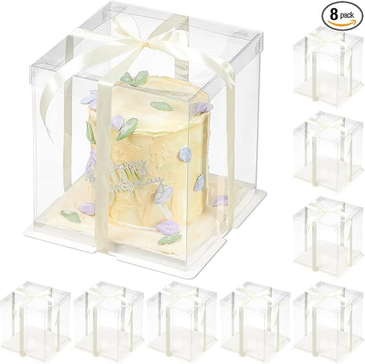 8 Pcs Clear Gift Box with Ribbon 2-Layer 8.5x8.5x9 Inch, Transparent Cake Carrier Box with Lids, PET Tall Cake Packaging Boxes, Clear Gift Boxes for Birthday,Wedding and Festival Party