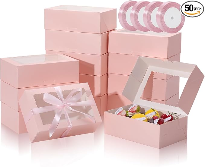 COTOPHER 50Pcs Cookie Boxes with Ribbons, 9x6x3 Inch Bakery Boxes with Window, Pink Treat Containers for Pastries, Chocolate Covered Strawberries, Dessert, Easter Candy, Muffins, Donuts