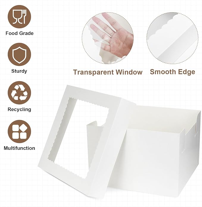 Septo Cake Boxes,12x12x8 Inches 10pc White Bakery Boxes Cake Boxes with Window Cake Container Large Square Baking Boxes