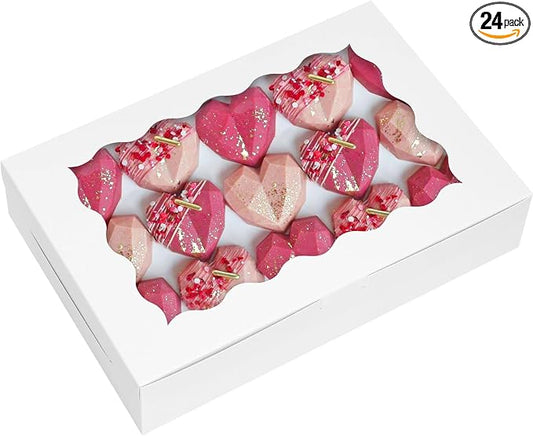 Moretoes 24pcs Bakery Boxes, 12x8x2.5 Inches,Treat Boxes with Window for Chocolate Covered Strawberries, Pastries, Cookies, Desserts, Donuts and Muffins