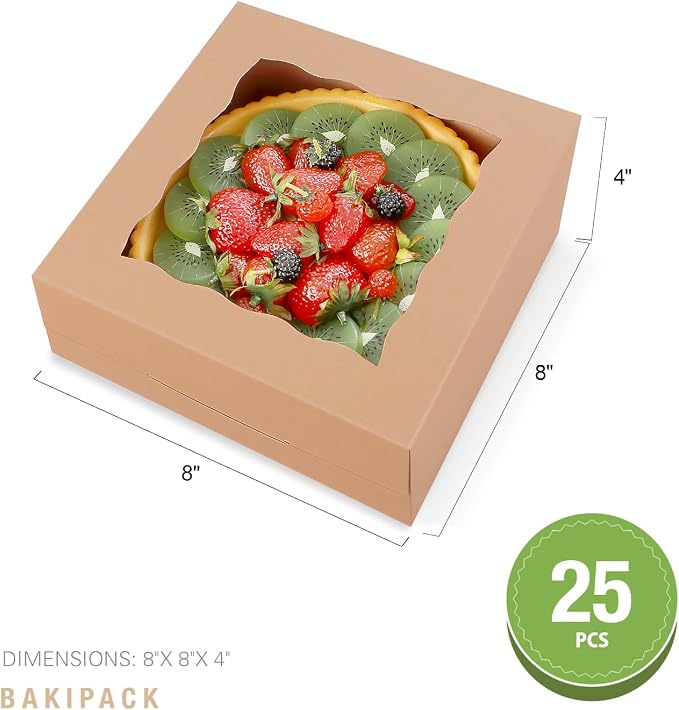 25 Kraft Bakery Boxes with Window, 8x8x4 Inches Cake Boxes with Window, Treat Boxes for Pastry, Cupcake, Cookies, Muffins, Pie