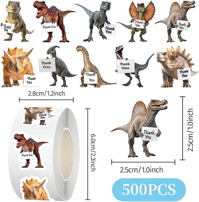 Dinosaur Thank You Stickers Roll, 500PCS Realistic Dino Themed Thank You Labels Self-Adhesive Stickers for Kids Birthday Party Baby Shower Small Business Envelopes Gift Bags