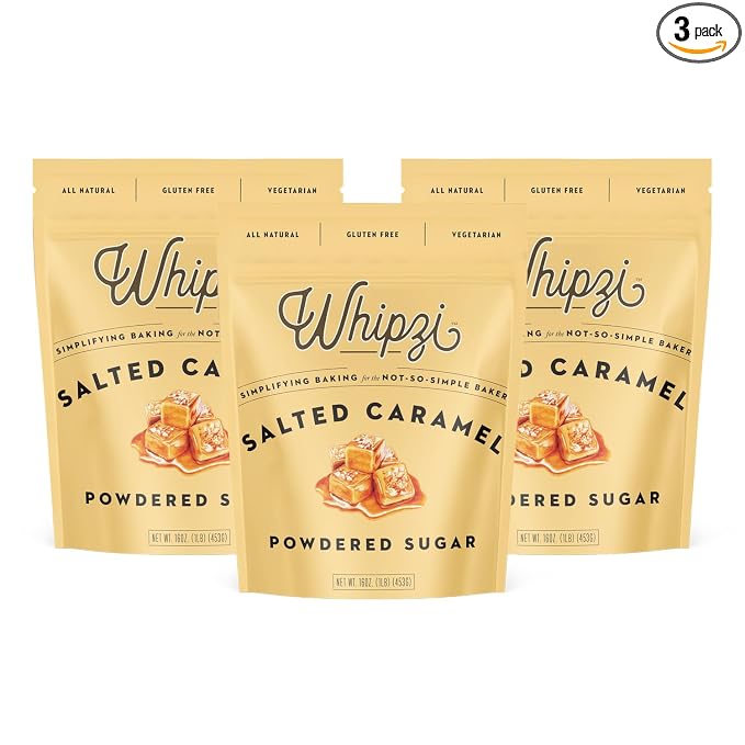 Whipzi Salted Caramel Flavored Powdered Sugar - Confectioners Sugar for Baking, Frosting, Royal Icing, Glazes, Coffee, Desserts, 1:1 Powdered Sugar Replacement, Gluten Free, Vegan Baking Sugar, 3 Pack