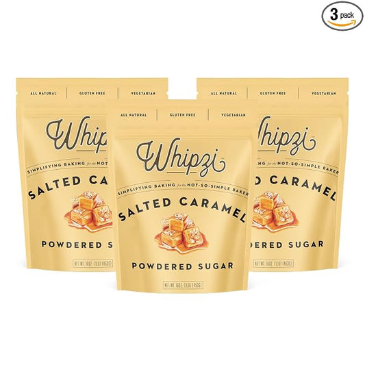 Whipzi Salted Caramel Flavored Powdered Sugar - Confectioners Sugar for Baking, Frosting, Royal Icing, Glazes, Coffee, Desserts, 1:1 Powdered Sugar Replacement, Gluten Free, Vegan Baking Sugar, 3 Pack