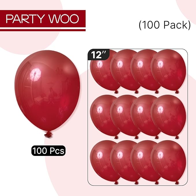 PartyWoo Burgundy Balloons 100pcs 12 Inch Dark Chestnut Red Maroon Balloons for Graduation Wedding Thanksgiving Birthday Bachelorette Citizenship Strawberry Theme Party Decorations Red-Y62