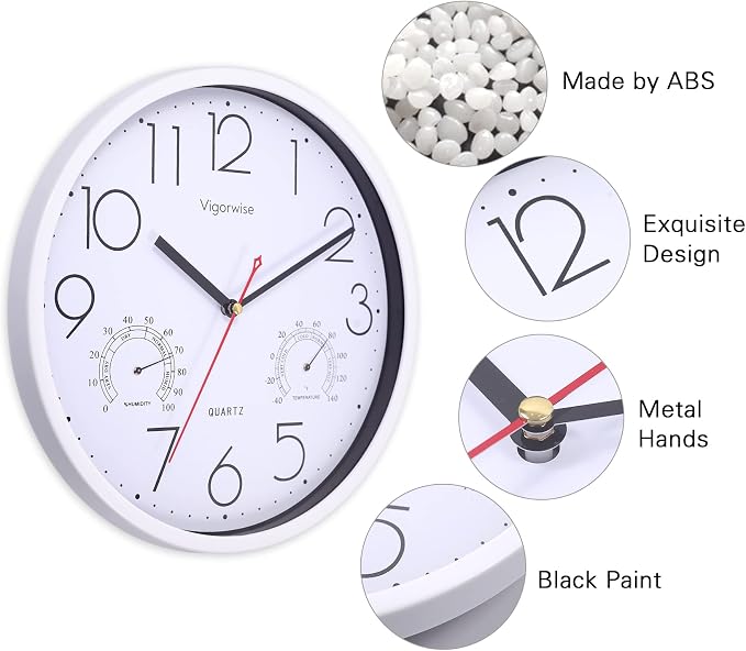 Wall Clock, Sweep Silent Movement Accurate Clocks with Temperature & Humidity, Decorative for Kitchen/Living Room/Bedroom/Office/School/Classroom (White, 12 inch)