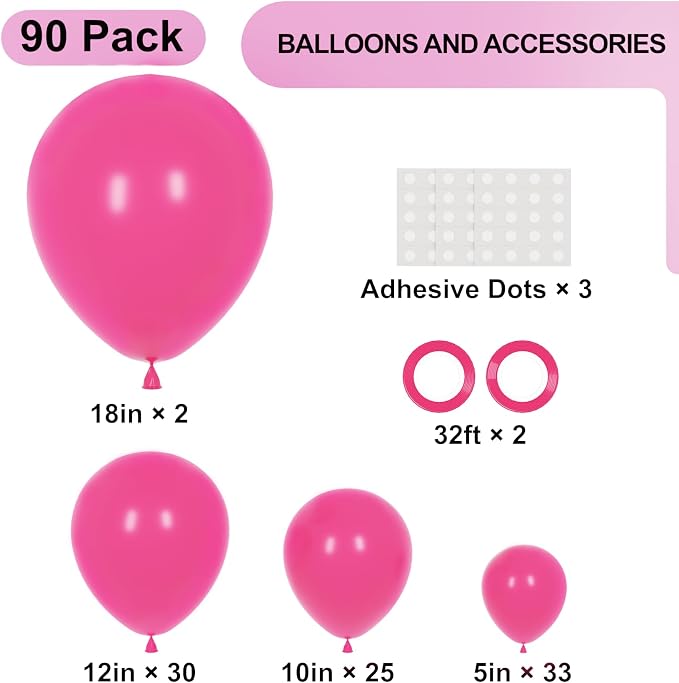 Voircoloria 90pack Hot Pink Balloons Different Size 18/12/10/5 Inch Dark Pink Balloon Garland Arch Kit for Graduation, Wedding, Birthday, Princess Theme Party, Valentine's Day, Baby Shower Decorations