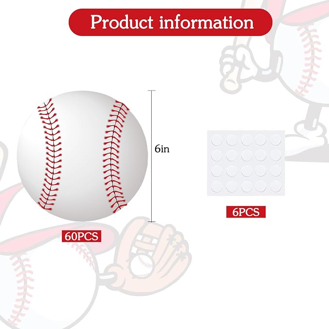 Vuzvuv 60Pcs 6In Paper Baseball Party Cutouts with 120Pcs Glue Points for Wall Bulletin Board Decorations or Baseball Sport Theme Party or Classroom Decor Supplies