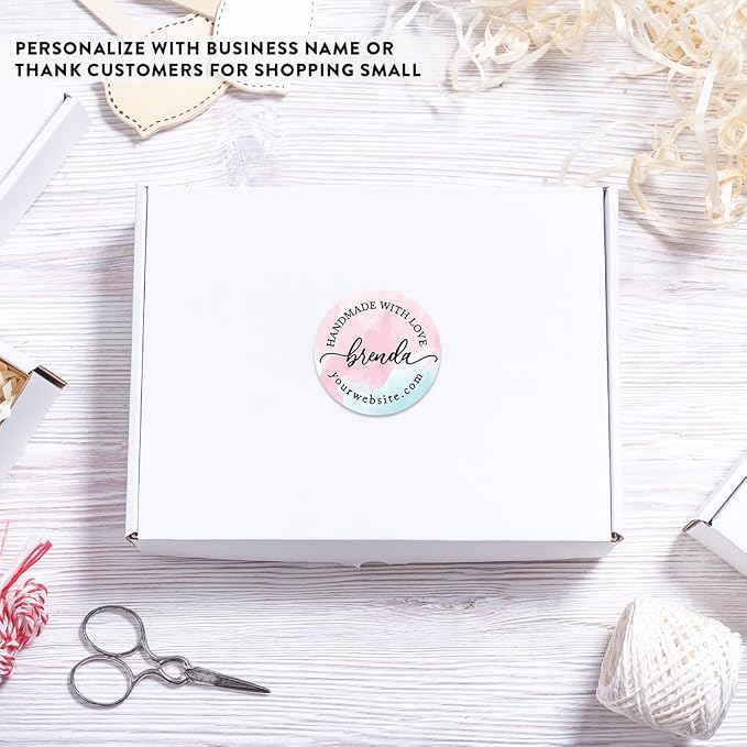 Andaz Press Personalized Round Small Business Sticker Labels, 120-Pack, Custom Watercolor Handmade with Love, Name, Website Handmade Stickers for Packaging, Custom Candle Labels, Business Stickers