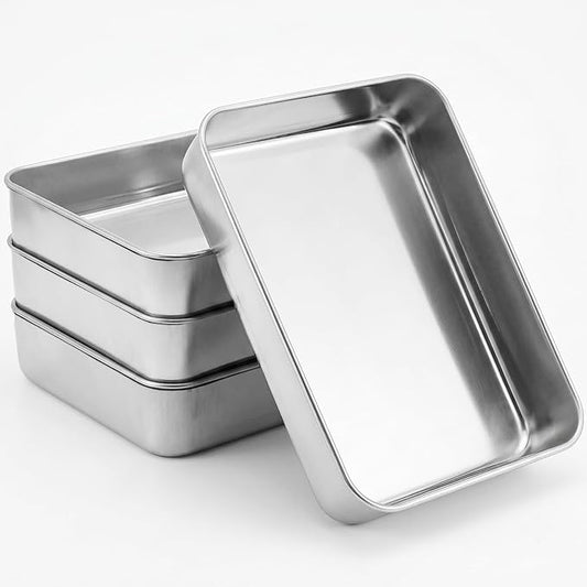 Leonyo 4 Pack Stainless Steel Lasagna Pan, 9.3 x 7 Inch Bakeware Cake Pan for Baking, Rectangle Baking Trays Sheet for Commercial Kitchen, Focaccia Bread, Casserole Dish - 2 Inch Deep