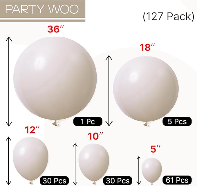 PartyWoo White Sand Balloons 127pcs Different Sizes of 36 18 12 10 5 Inch Off White Beige Cream Ivory Boho Neutral Balloon Arch Kit Garland for Wedding Baby Shower Birthday Party Decorations White-F12