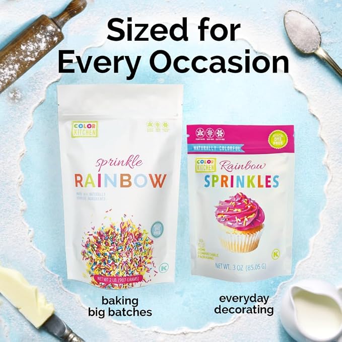 Color Kitchen Dye Free Sprinkles Rainbow Jimmies, Natural Sprinkles With Plant Based Colors, Healthy Sprinkles For Baking, Cupcakes, Cookies, Ice Cream, Gluten Free, Non GMO, 3 Oz (2 Pack)
